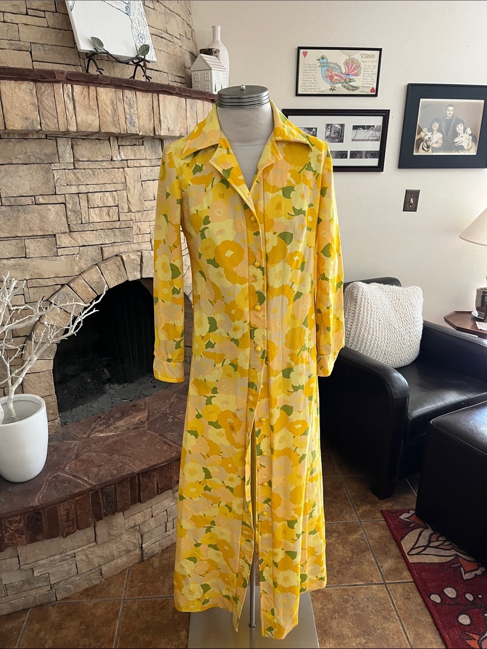 Vintage Handcrafted Yellow Floral Button-Front Women's Maxi Dress